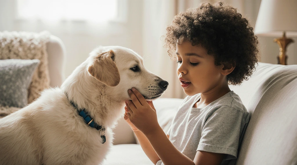 A responsible 10-year-old gently playing with a cat or dog indoors, showing affection.