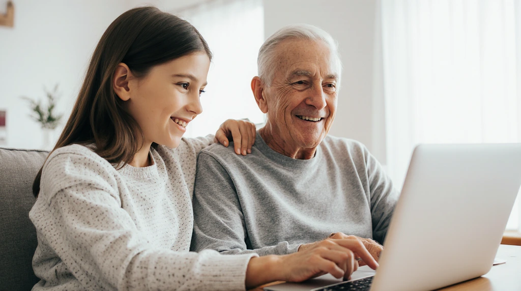 A helpful 10-year-old patiently explaining something on a computer screen to an older family member.