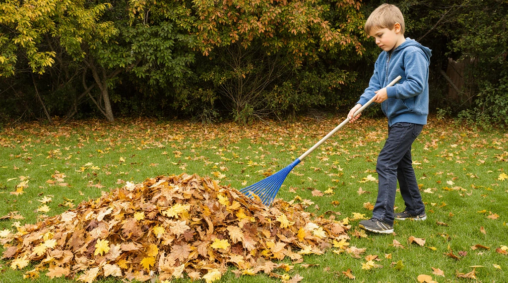 A diligent 10-year-old raking autumn leaves into a large pile in a vibrant fall yard.