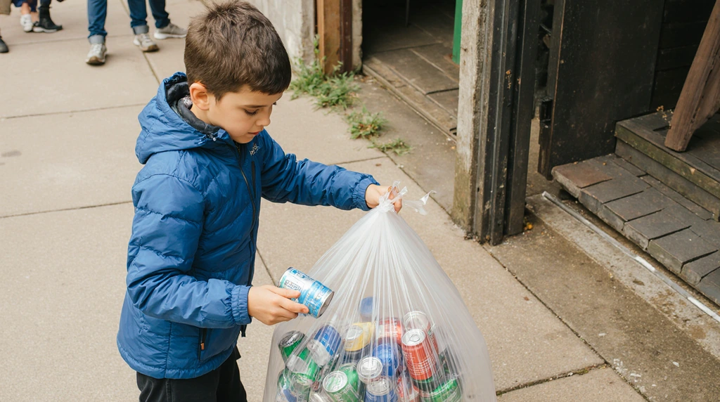 A responsible 10-year-old collecting plastic bottles and aluminum cans into a large bag for recycling.
