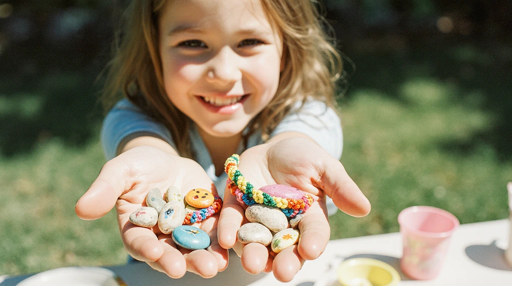 A creative 10-year-old proudly displaying handmade crafts like friendship bracelets or painted rocks.