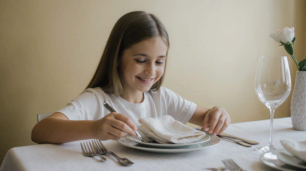 A 10-year-old child cheerfully setting a dinner table with plates, silverware, and napkins.