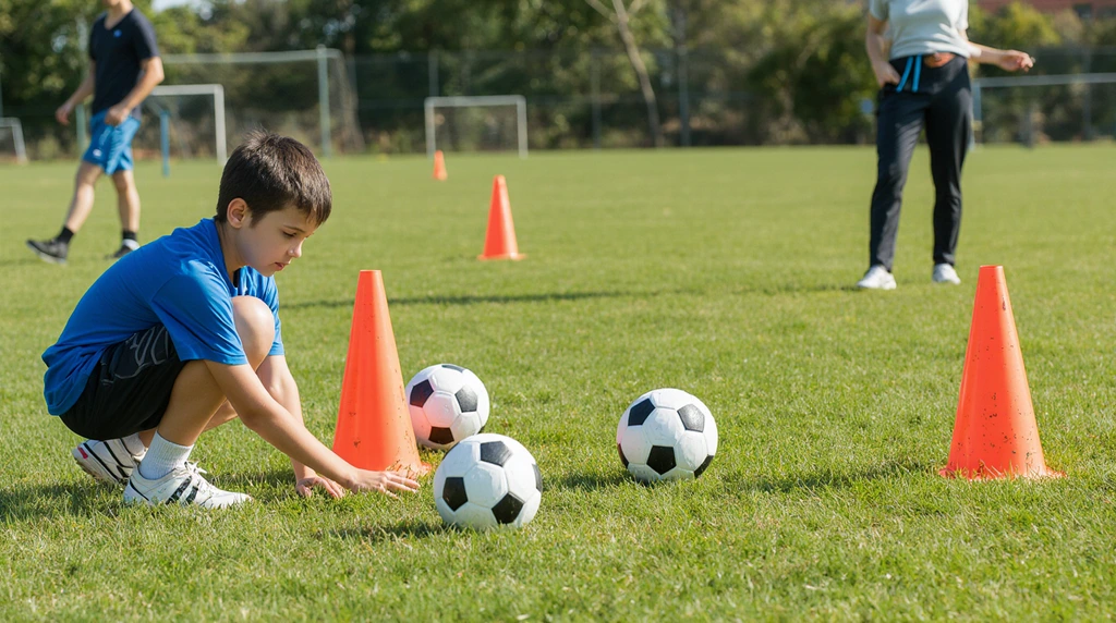 A helpful 10-year-old setting up cones and balls for a youth soccer practice on a green field.