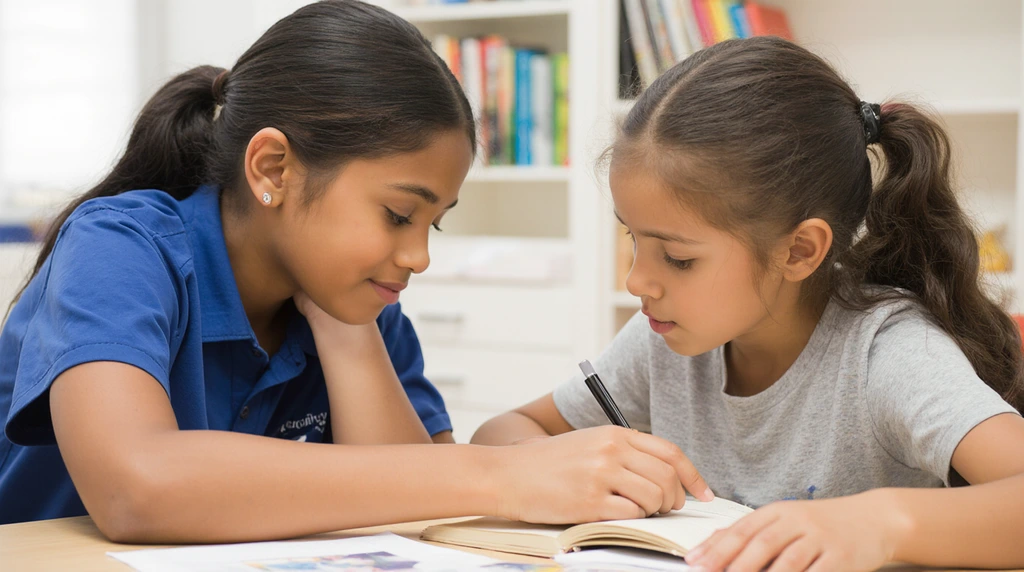 A patient 10-year-old helping a younger child with a math