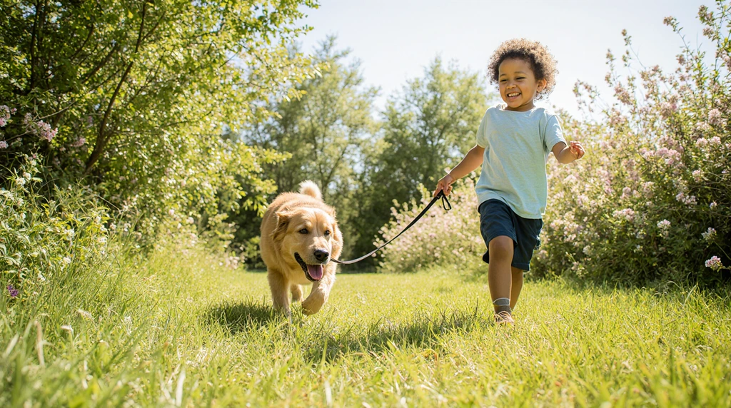 An energetic 10-year-old walking a friendly dog on a leash in a sunny park. 