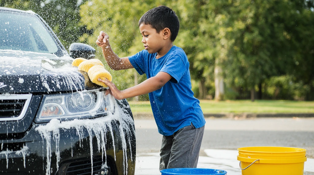 An enthusiastic 10-year-old washing a car. 