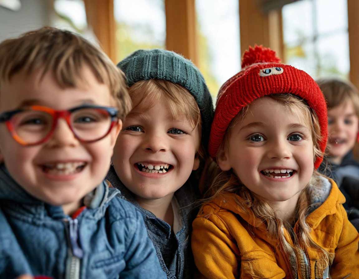 Three smiling kids in cozy outfits, wearing a red hat, green beanie, and glasses, indoors with natural light.