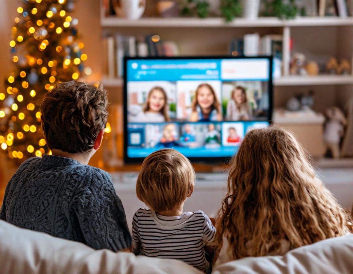 Three siblings sitting on a couch, watching a screen with holiday decorations nearby.