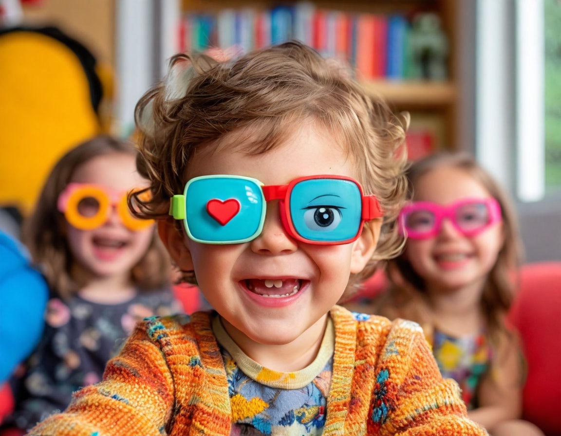 A happy child wearing colorful glasses with heart and eye designs, smiling with friends in the background. A happy child wearing colorful glasses with heart and eye designs, smiling with friends in the background.