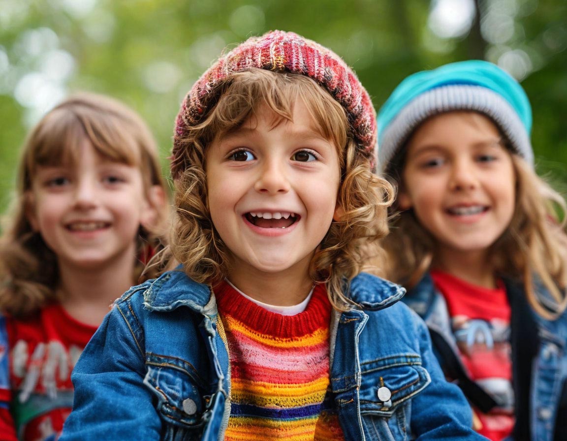 Three children wearing colorful knit hats and denim jackets, smiling joyfully outdoors with a blurred green forest in the background."