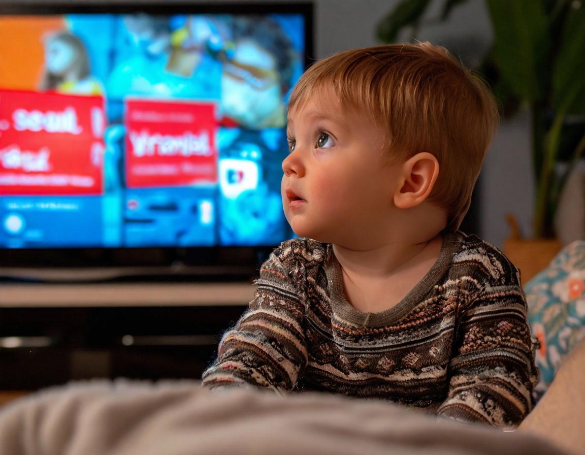 A toddler in a patterned sweater gazing intently at a TV screen in a softly lit living room with cozy decor.