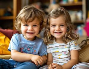  A smiling boy and girl sitting together indoors. Babysitting younger siblings is a great first job for 10-year-olds.