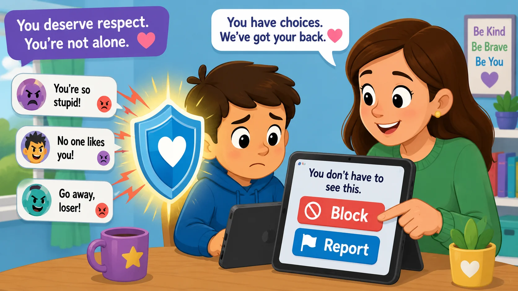 Child learns to block and report cyberbullying with help from adult. 
