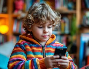 A child using a smartphone while wearing a colorful hoodie. Blogging or a YouTube channel can be a creative job idea for kids.