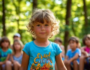 A young child with curly blonde hair stands confidently outdoors, surrounded by other children in a forest setting.