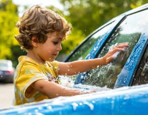 A child washing a car with soap and water outdoors. Car washing is an easy job for kids to earn money.