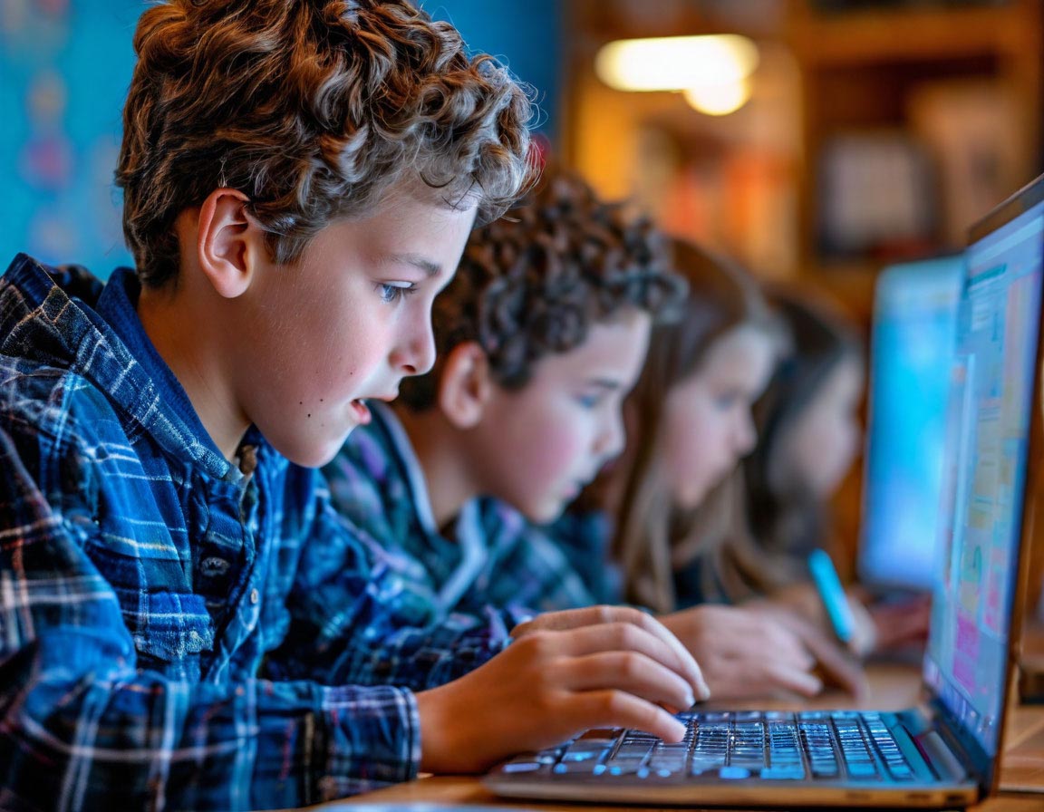 Kids using laptops in a classroom.