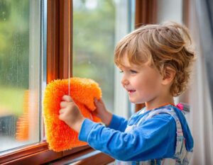 A smiling boy cleaning a window with a cloth indoors. Cleaning windows is a simple and rewarding job for kids.