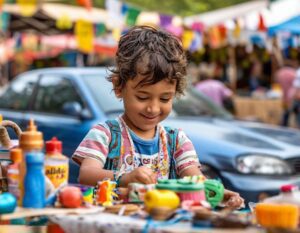 A child making handmade crafts at an outdoor market. Craft sales are a fun and creative way for kids to make money.