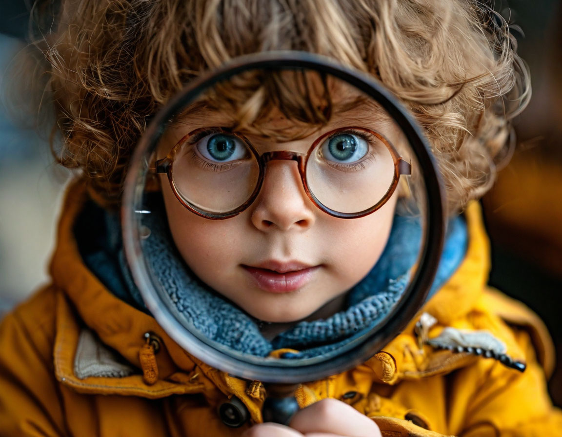 Child looking through a magnifying glass eager to learn about Cybersecurity For Kids. Child looking through a magnifying glass eager to learn about Cybersecurity For Kids.