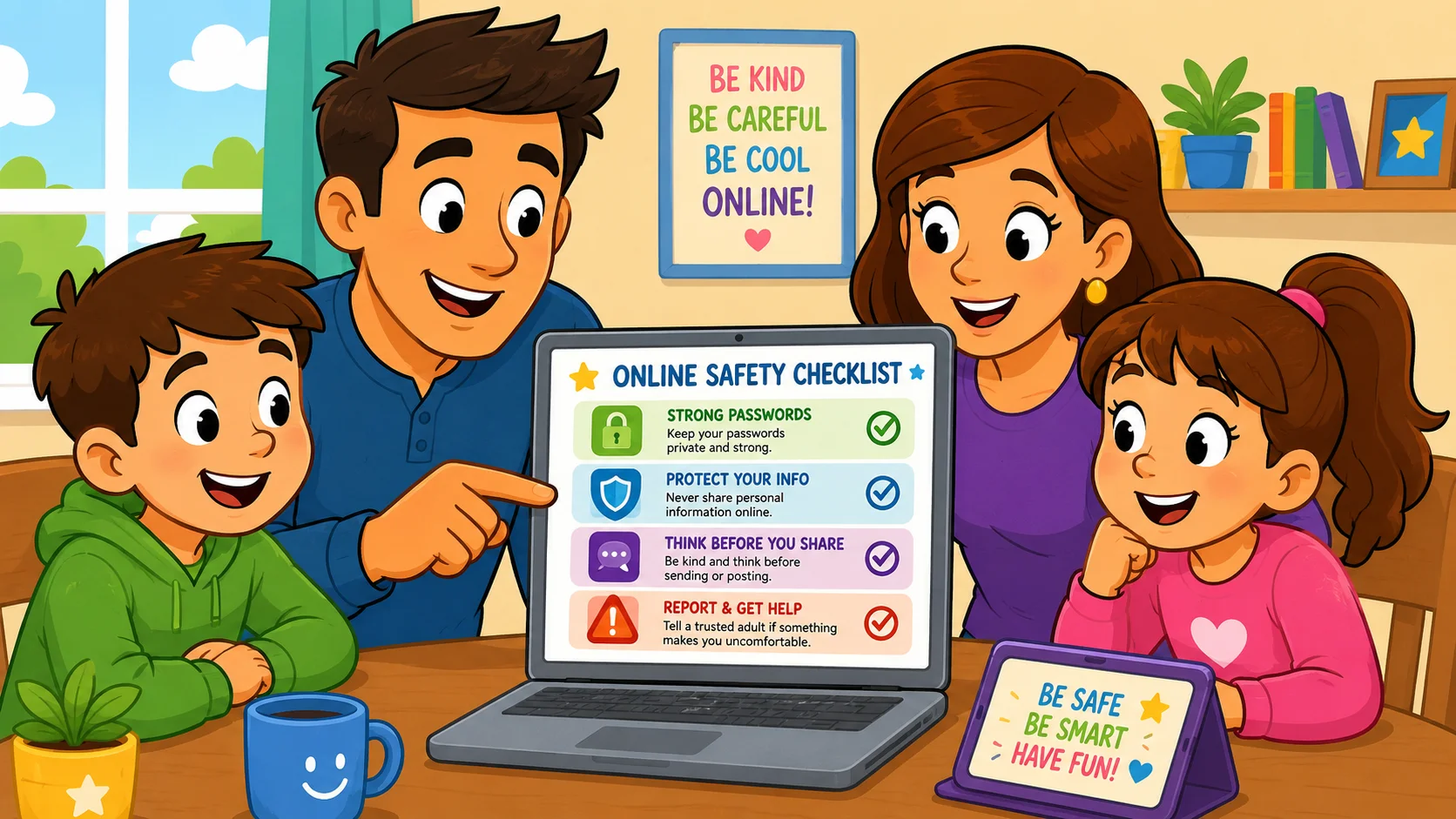 Family reviews cyber safety tips for kids with online safety checklist.