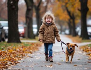 A child walking a small dog in autumn. Dog walking is a great way for kids to earn money and stay active.