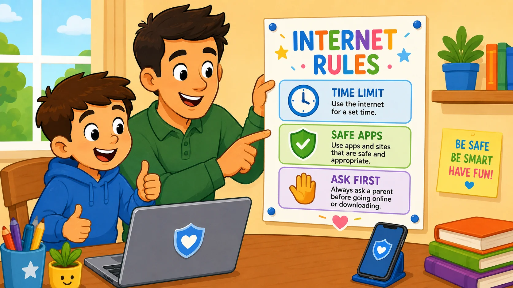  Parent and child set internet rules for kids with laptop and phone. 
