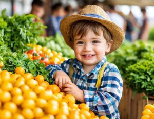 A smiling boy in a plaid shirt and straw hat leans on a table full of fresh yellow tomatoes at an outdoor market.