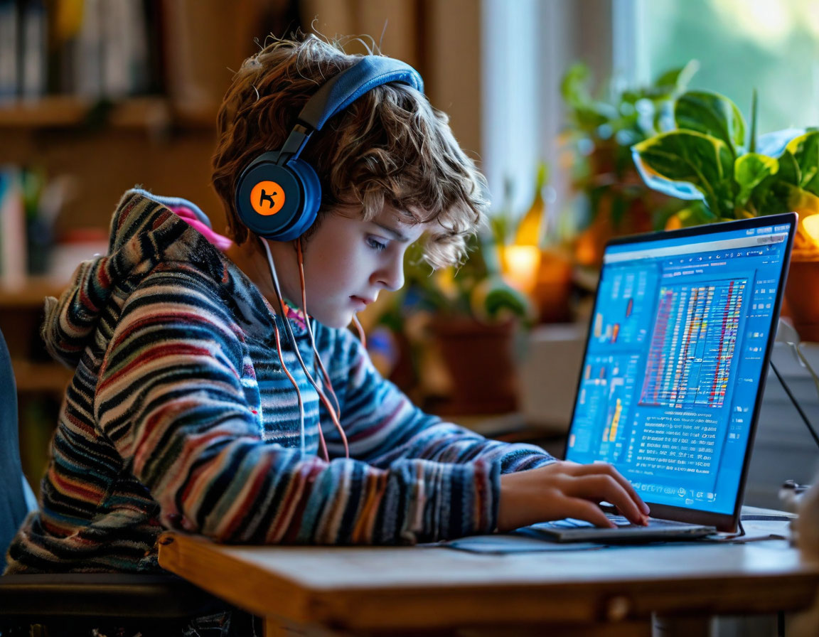 Child wearing headphones using a laptop.