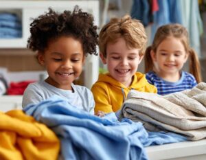  Three kids folding laundry together. Learning to fold clothes is a simple way for children to earn money and help at home.