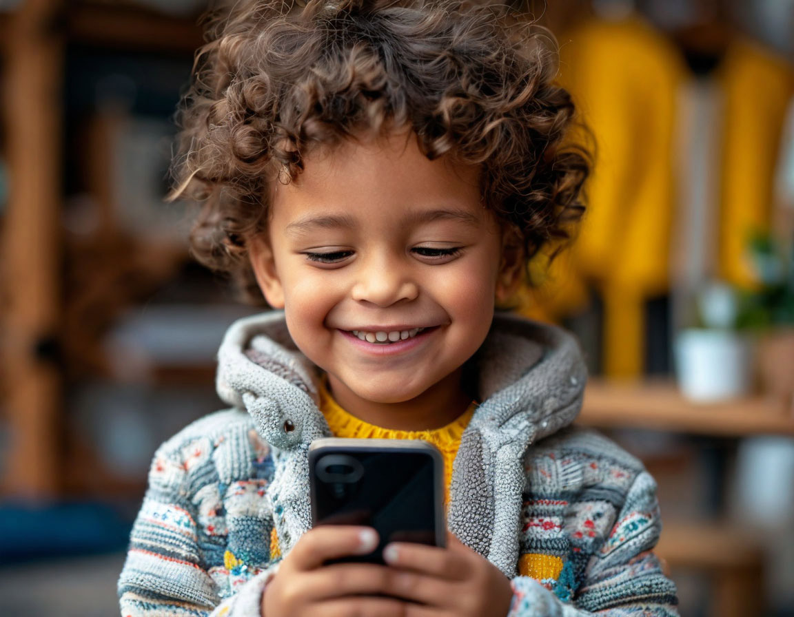 Smiling child holding a smartphone.