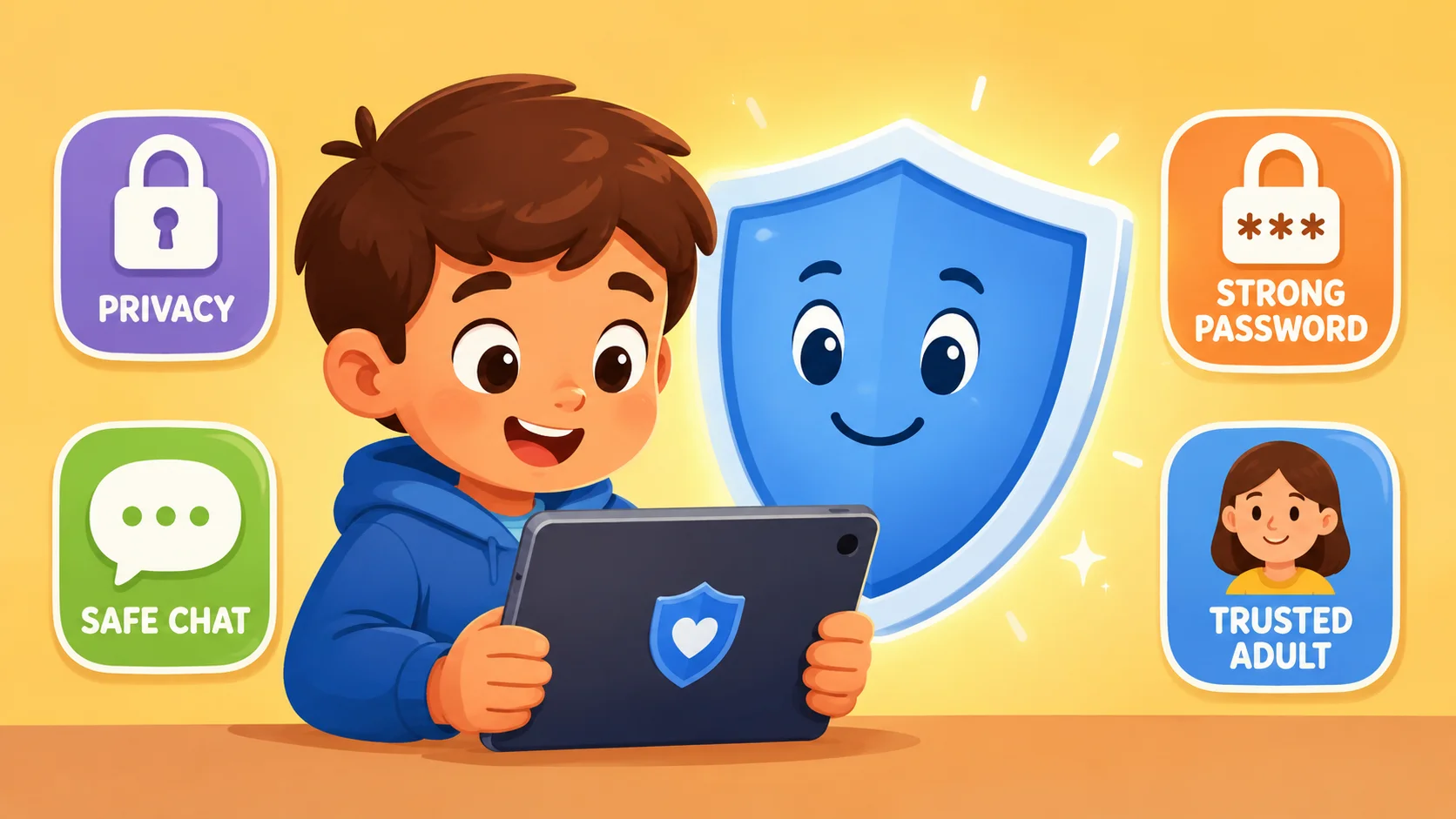 Child learns internet safety message with friendly shield and tablet. 
