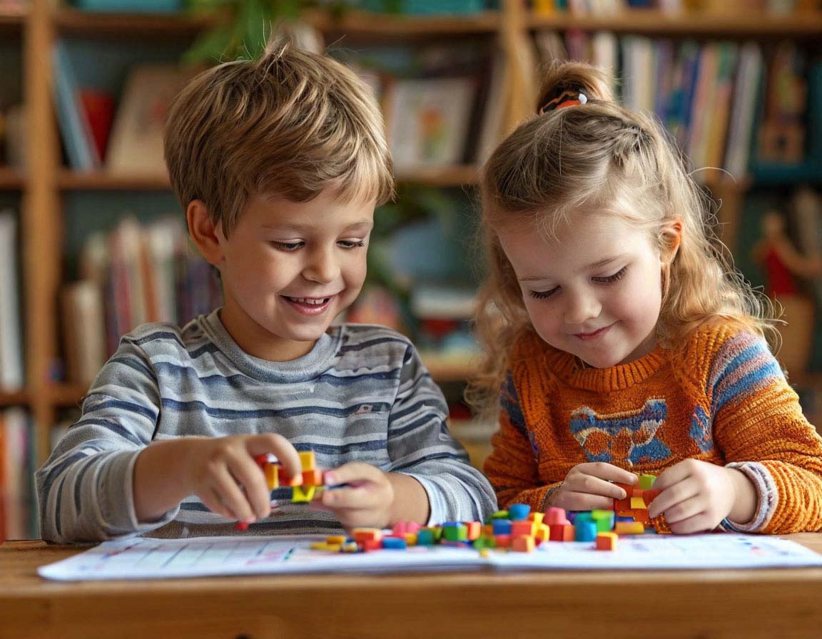 Two young children happily building with colorful blocks, exploring math concepts through play. Two young children happily building with colorful blocks, exploring math concepts through play.