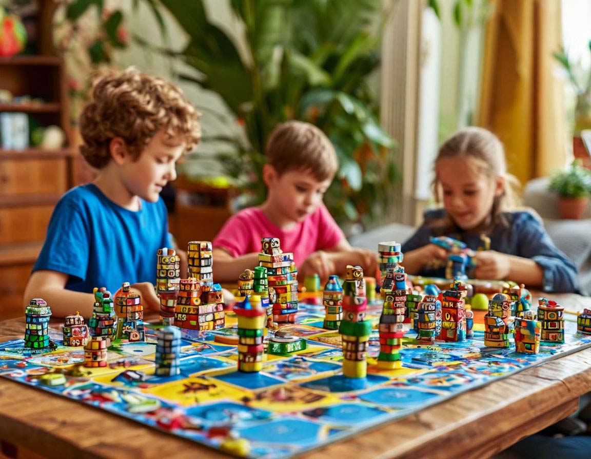 Three kids playing a colorful board game with stacked pieces, engaging in a fun math-based activity.