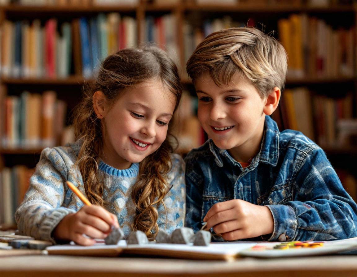 smiling boy and girl working on math activities, using stones and a notebook in a cozy learning environment.