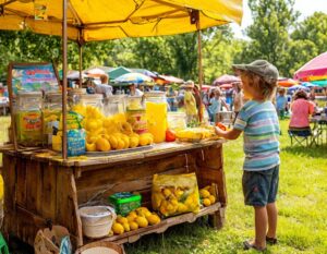 A young child selling lemonade at an outdoor stand with fresh lemons and juice. Great small business idea for kids. 