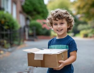 A smiling child holding a cardboard box outdoors. Paper delivery is a classic job idea for 10-year-olds.