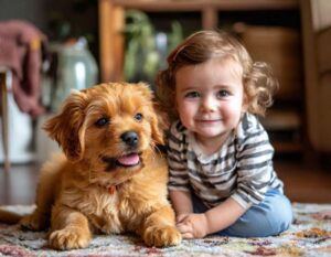  A young child sitting indoors with a fluffy puppy. Pet sitting is a great job for kids who love animals.