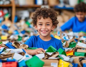 A smiling child sorting recyclable materials in a blue shirt. Helping with recycling is an eco-friendly job idea for kids. 