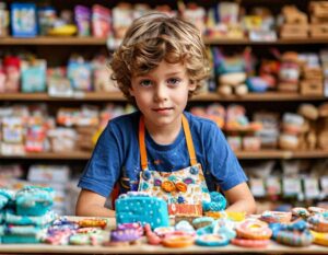 A child in a craft shop wearing an apron, surrounded by handmade items. Selling crafts online is a creative business for kids.