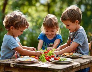 Three children setting a wooden table with vegetables and plates. Setting the table is an easy job for kids to help at home.