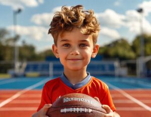 A boy in a red sports jersey holds a football on a track field, with a determined and happy expression.