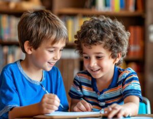 Two children studying together with books and pencils. Tutoring younger kids is a rewarding job idea for 10-year-olds. 