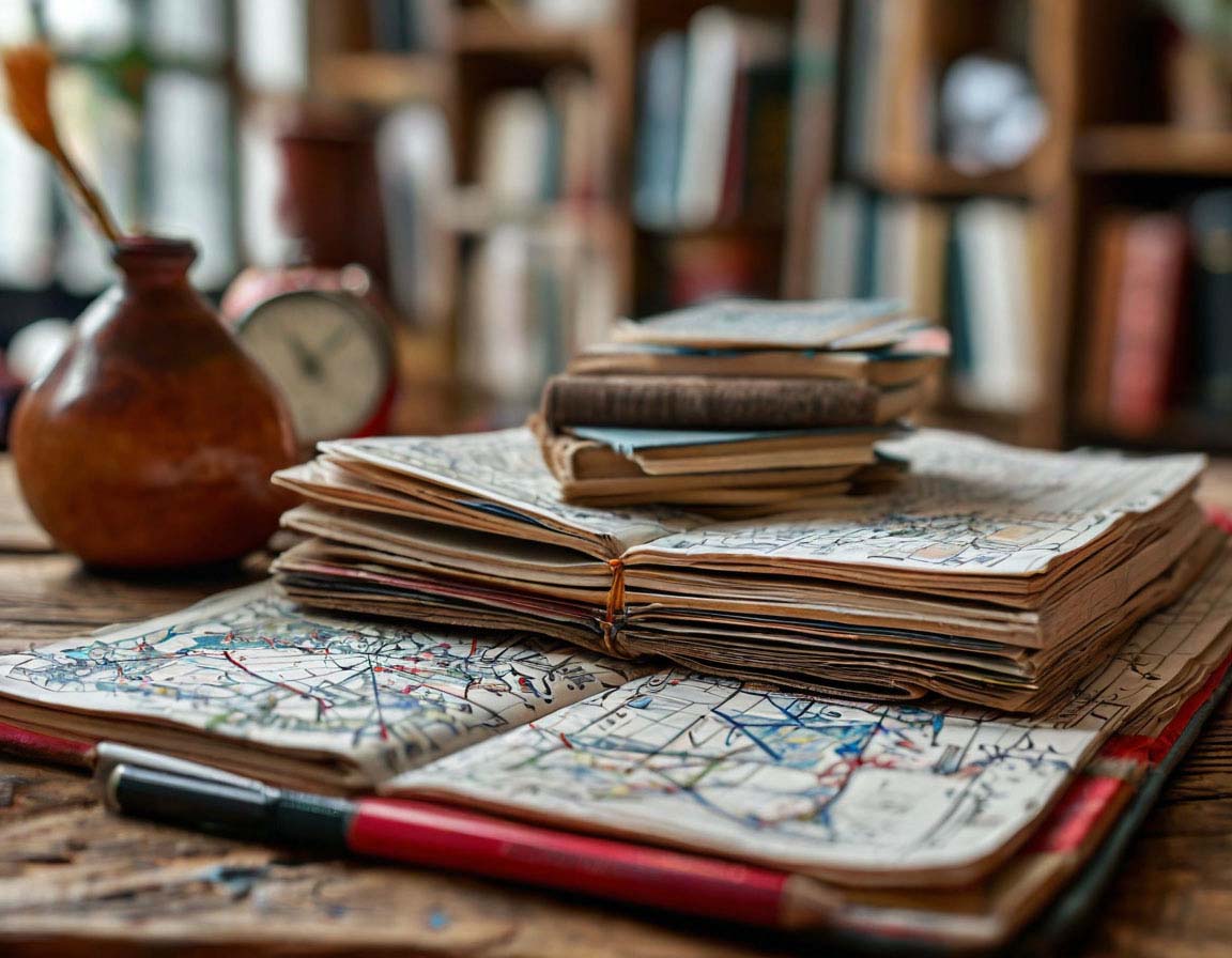 A stack of old books filled with maps and math concepts, placed on a wooden desk.