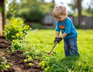 A young child gardening and pulling weeds in a backyard. Yard work is a great outdoor job idea for kids.