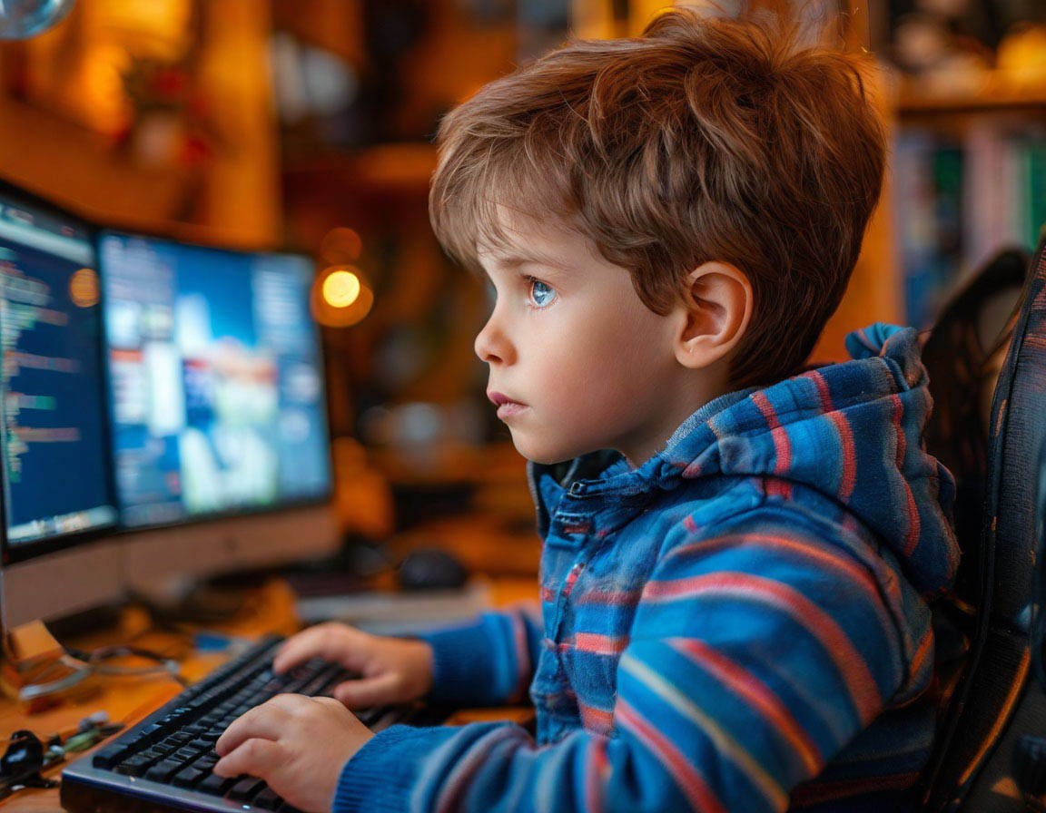 Child in a hoodie focused on a computer.