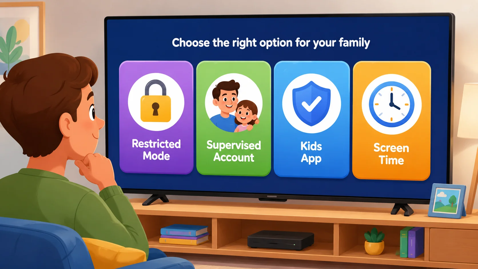 YouTube parental control options screen with lock and timer icons.