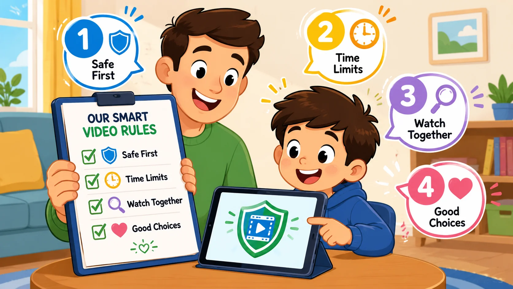 YouTube parental controls checklist guide with parent and child.