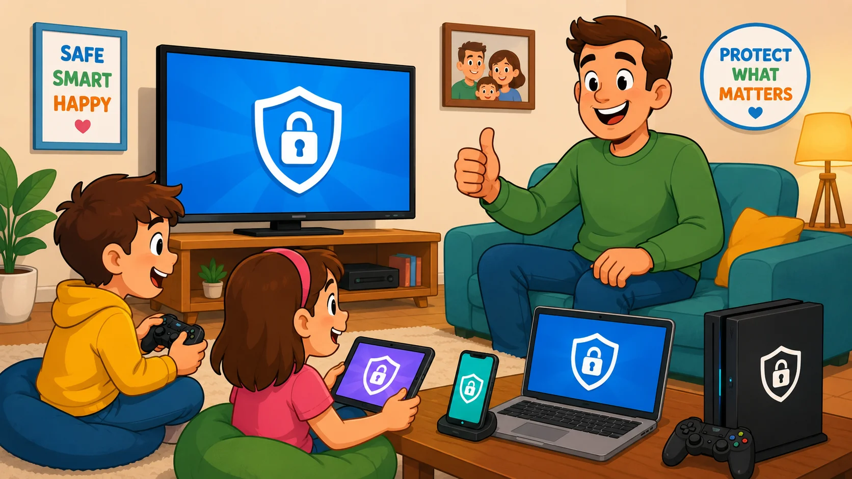 YouTube parental controls devices in living room for safer family viewing.
