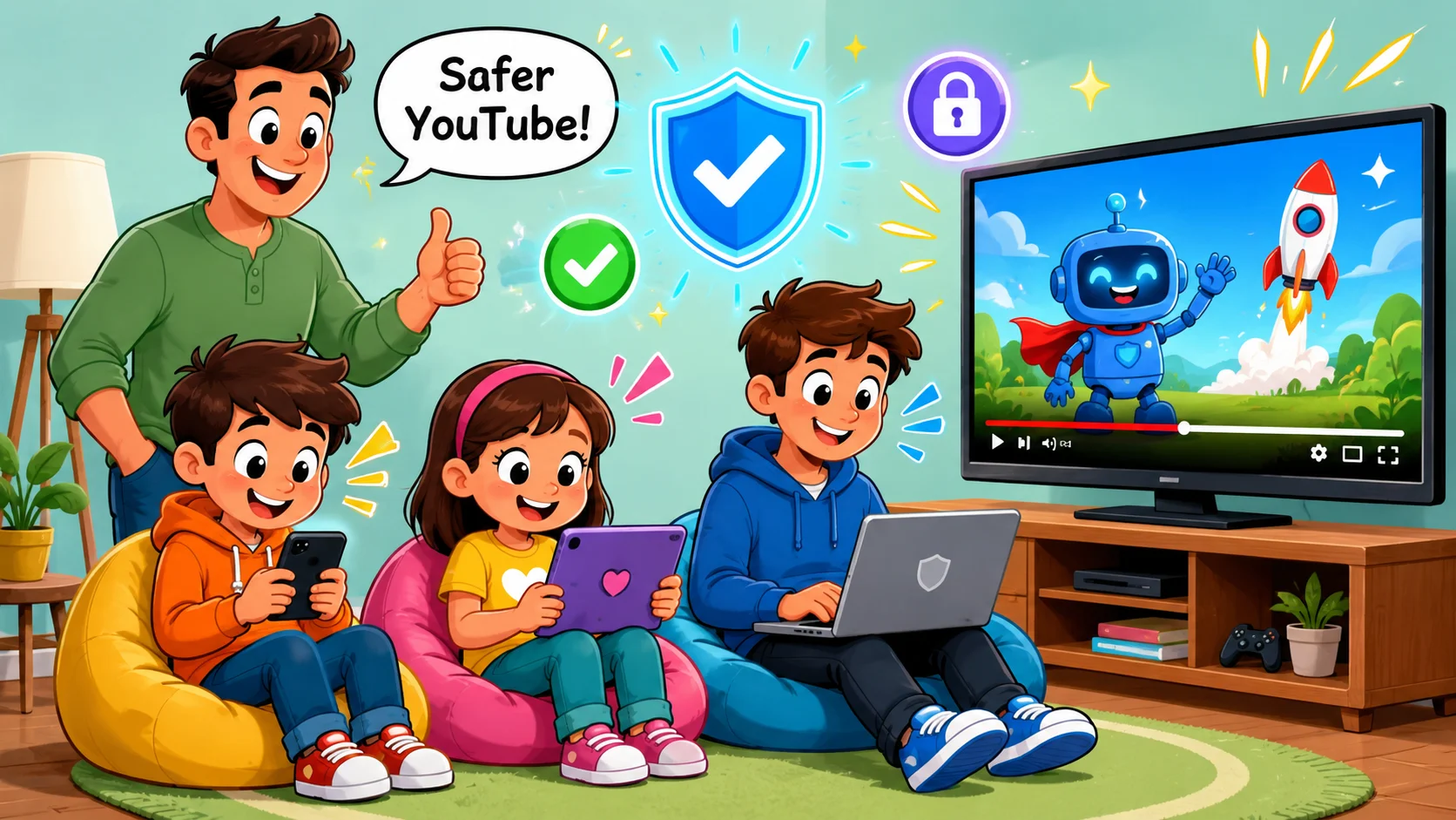 YouTube parental controls family devices with safe video icons.